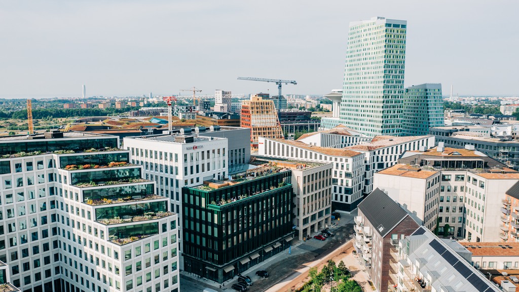 Kontosfastigheten Kvartetten i Hyllie och omgivningen uppifrån 