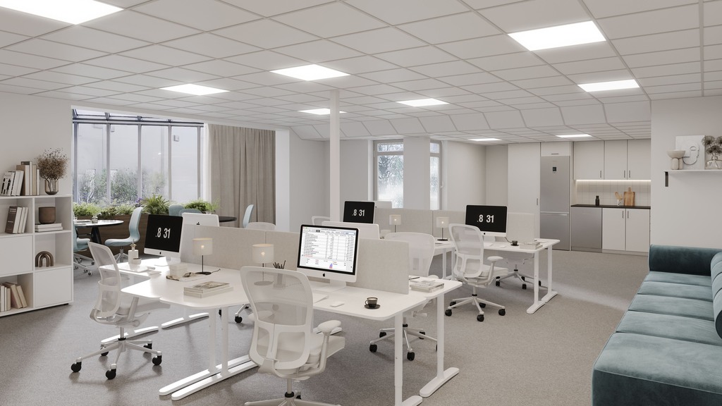 Luftigt kontor med stort glasat burspråk