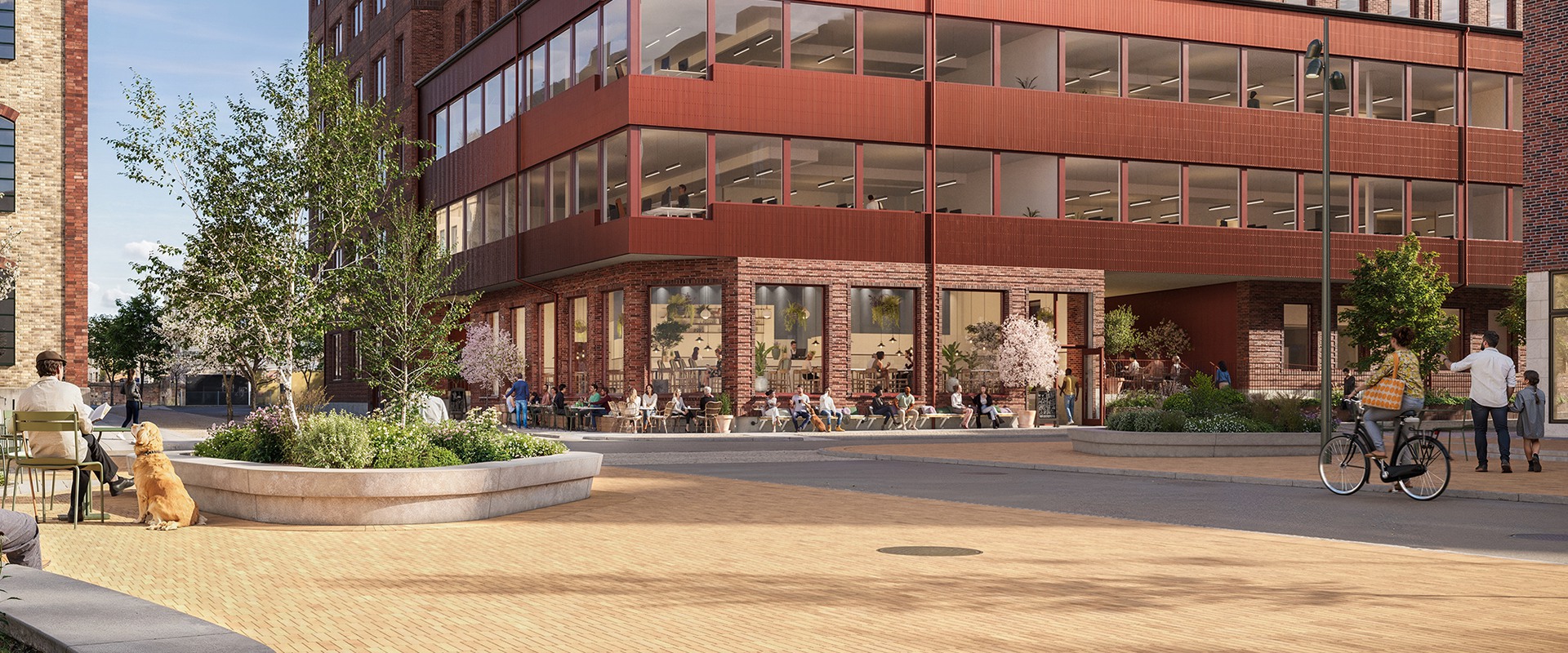 En Illustration av Posthornet i Lund, en mix av gammal tegelbyggnad och ny konstruktion.