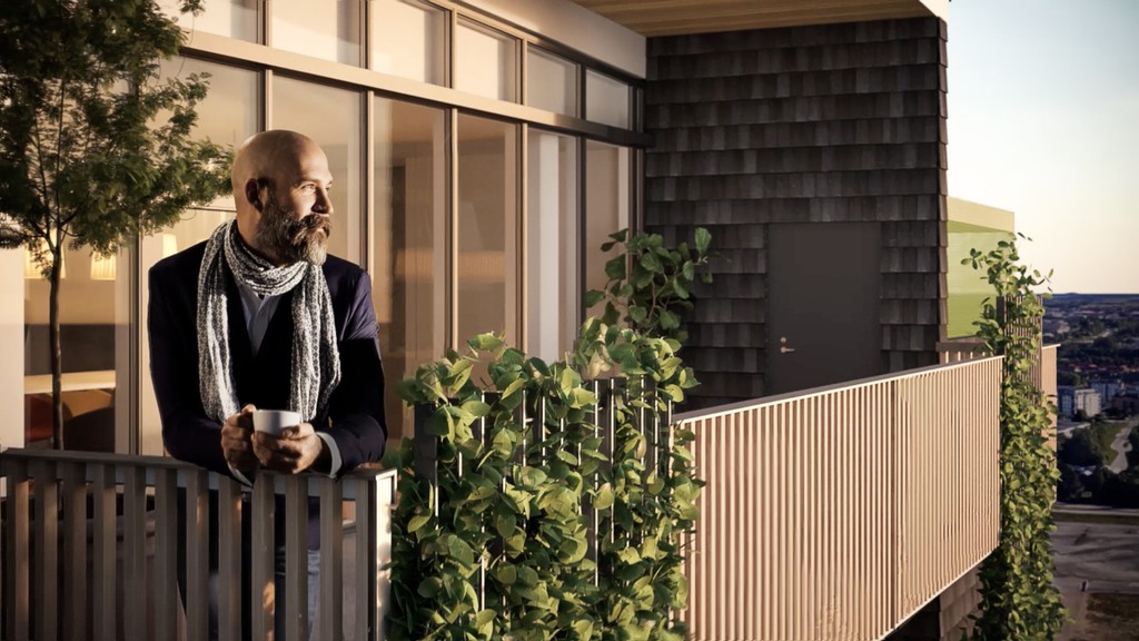 I Kontorshuset Origo i Hyllie finns stora balkonger på varje våningsplan