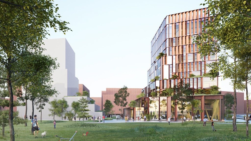 Illustration av fastigheten smörkajen i Nyhamnen. Grönomrode med människor som rör sig framför två fastigheter. 