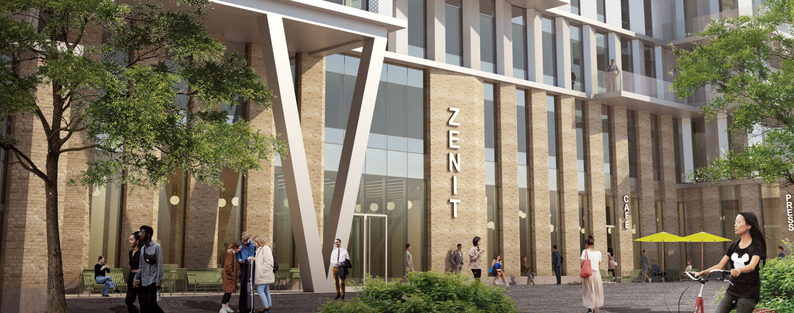 Innovationshuset Zenits fasad, med höga fönster och träd i förgrunden.