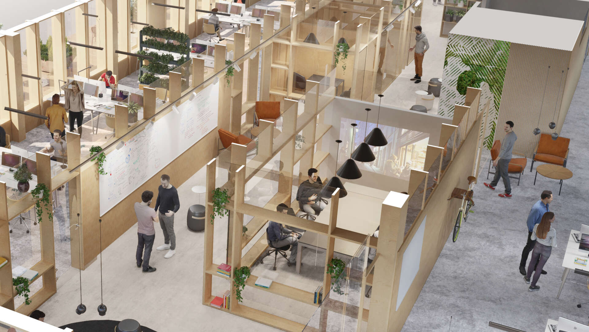 En visualisering av öppna arbetsplatser i Zenit.