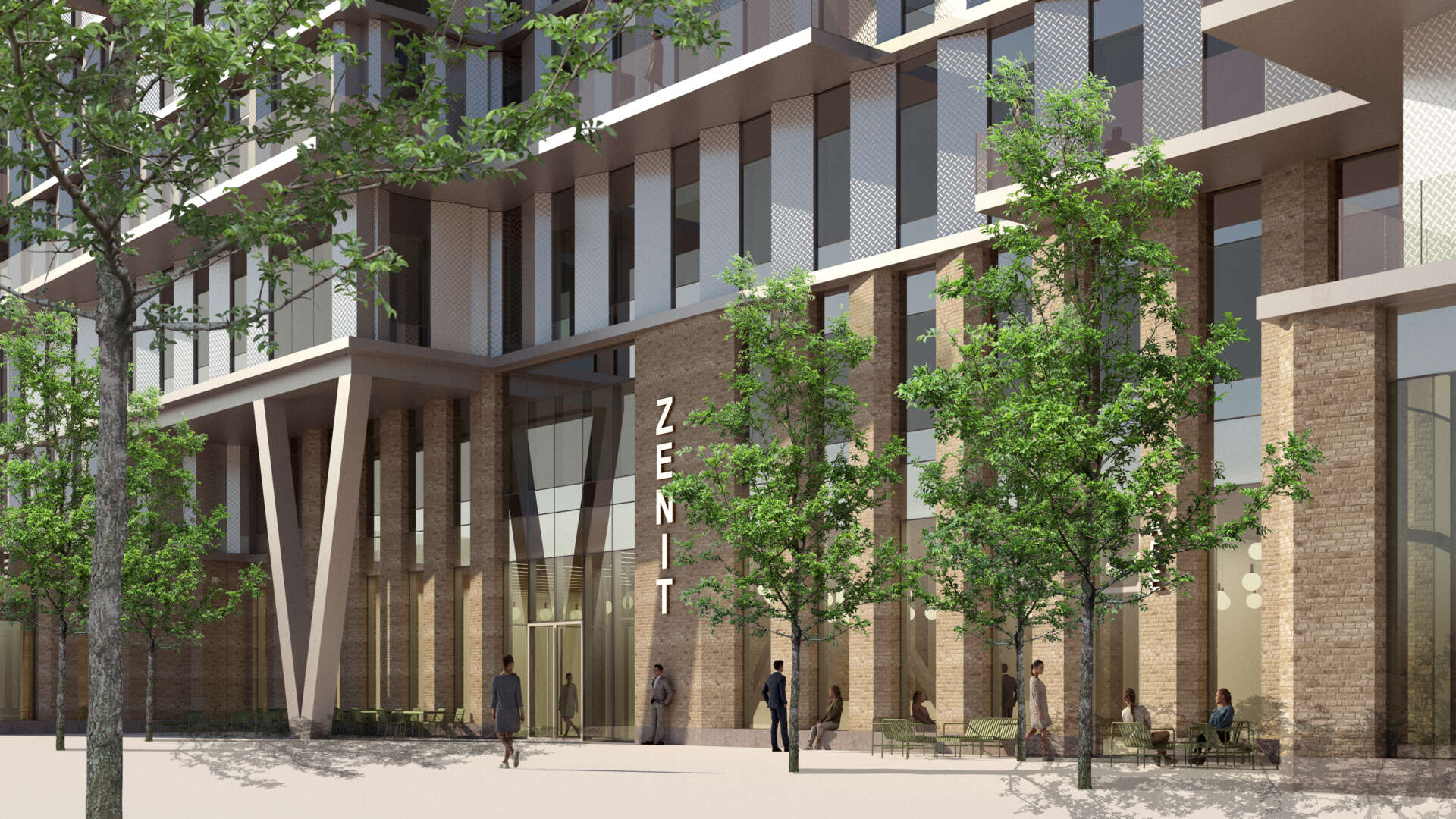 Visualisering av Zentis entré med träd i förgrunden.