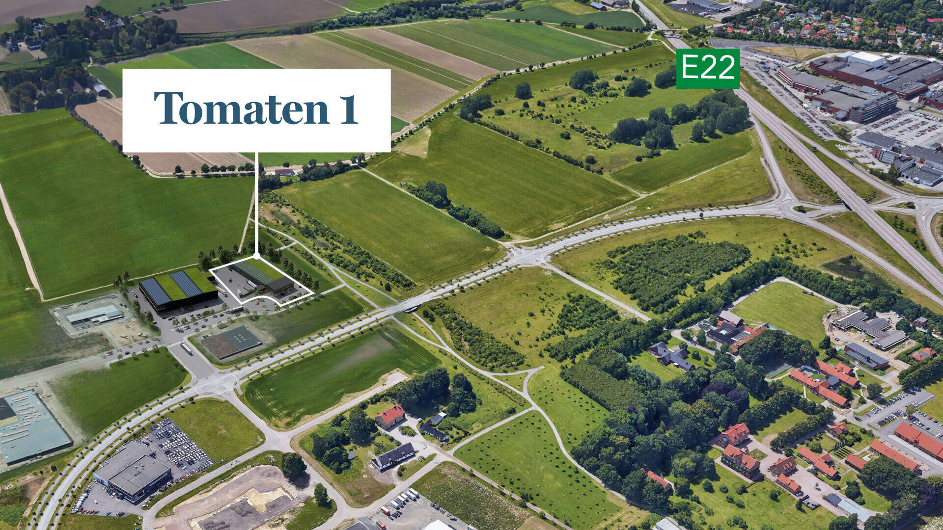 En flygbild över området där Tomaten 1 är inritad på Sellerivägen i Lund. 